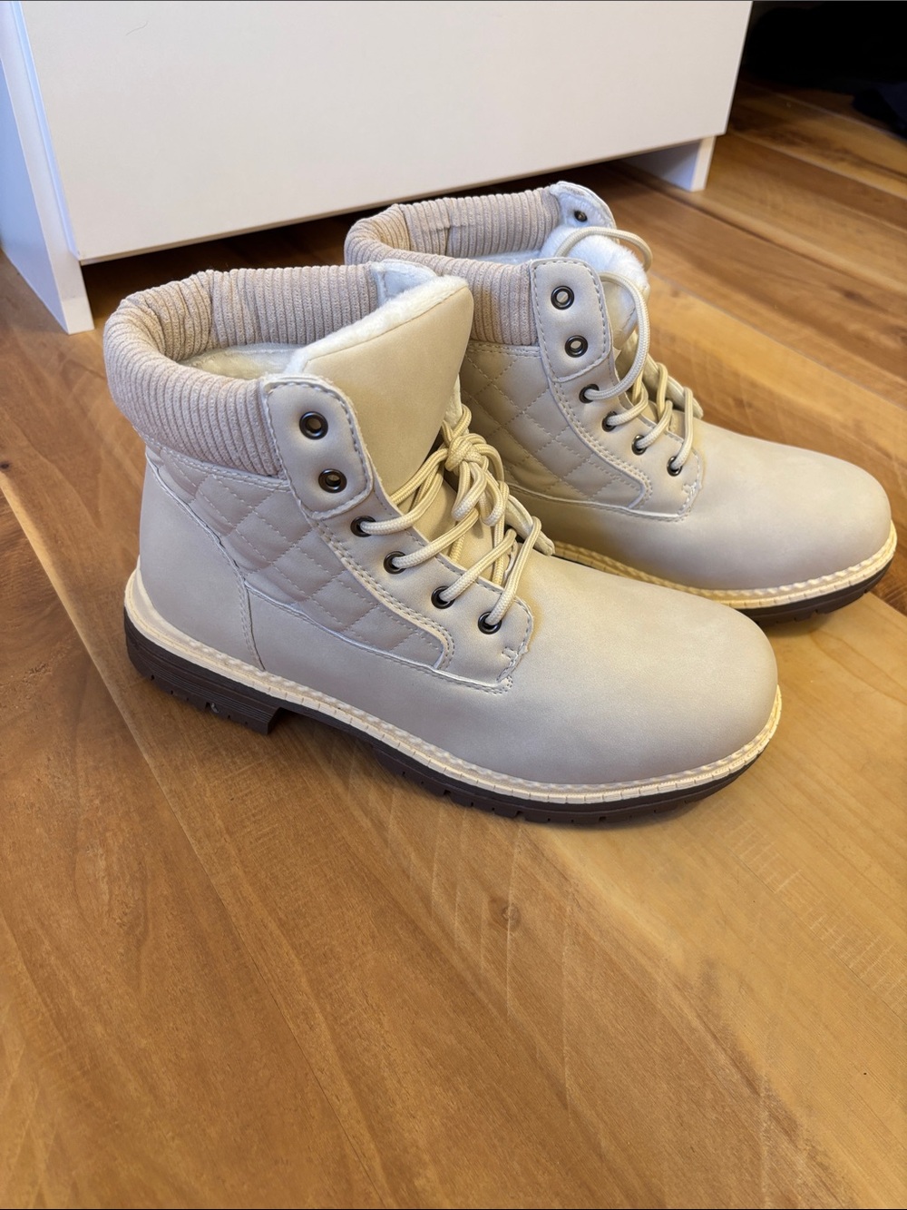 Cream Lace-Up Quilted Ankle Boots
